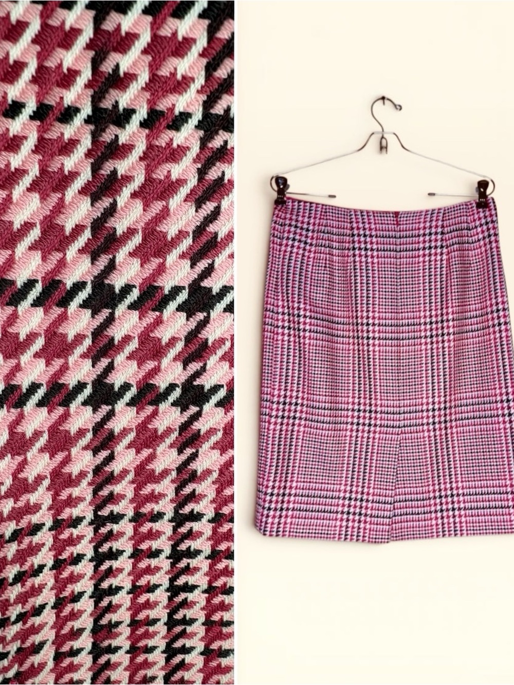 Vintage Talbots Size 8 red Houndstooth Plaid 100% Wool Pencil Skirt Lined